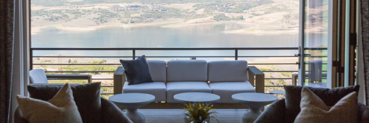 large patio of Shoreline townhome with view of mountains