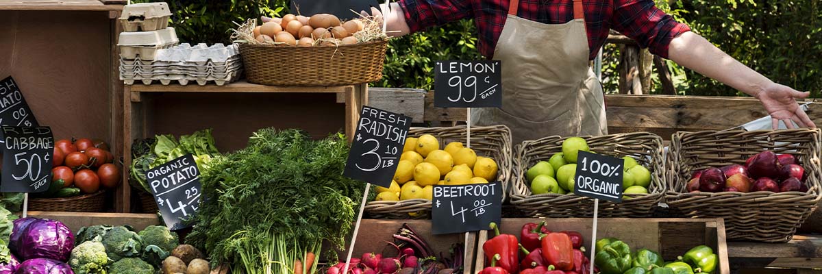 Vegetable and fruit display at farmers market